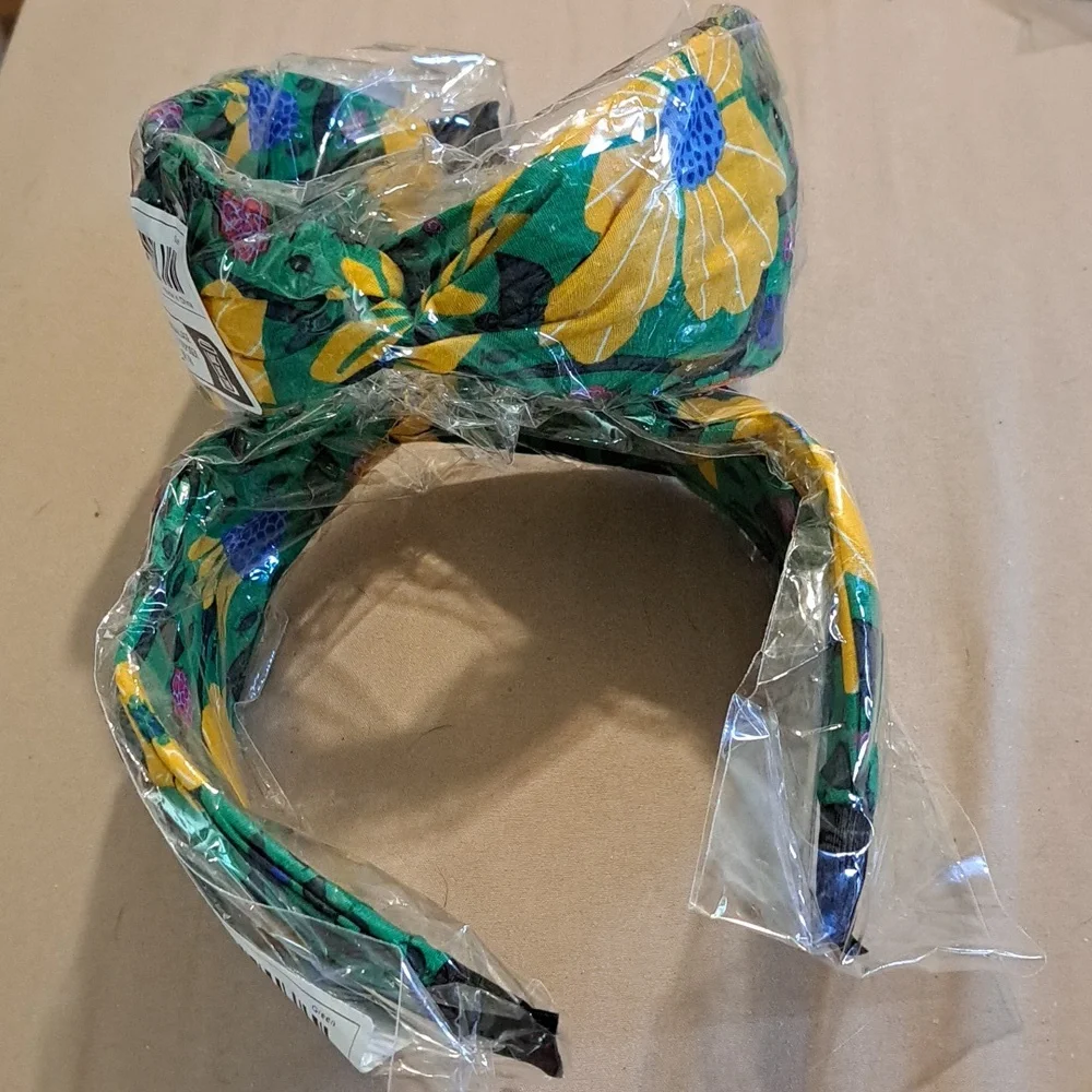 Headband Wide Cross Top Green and Yellow Floral NEW
